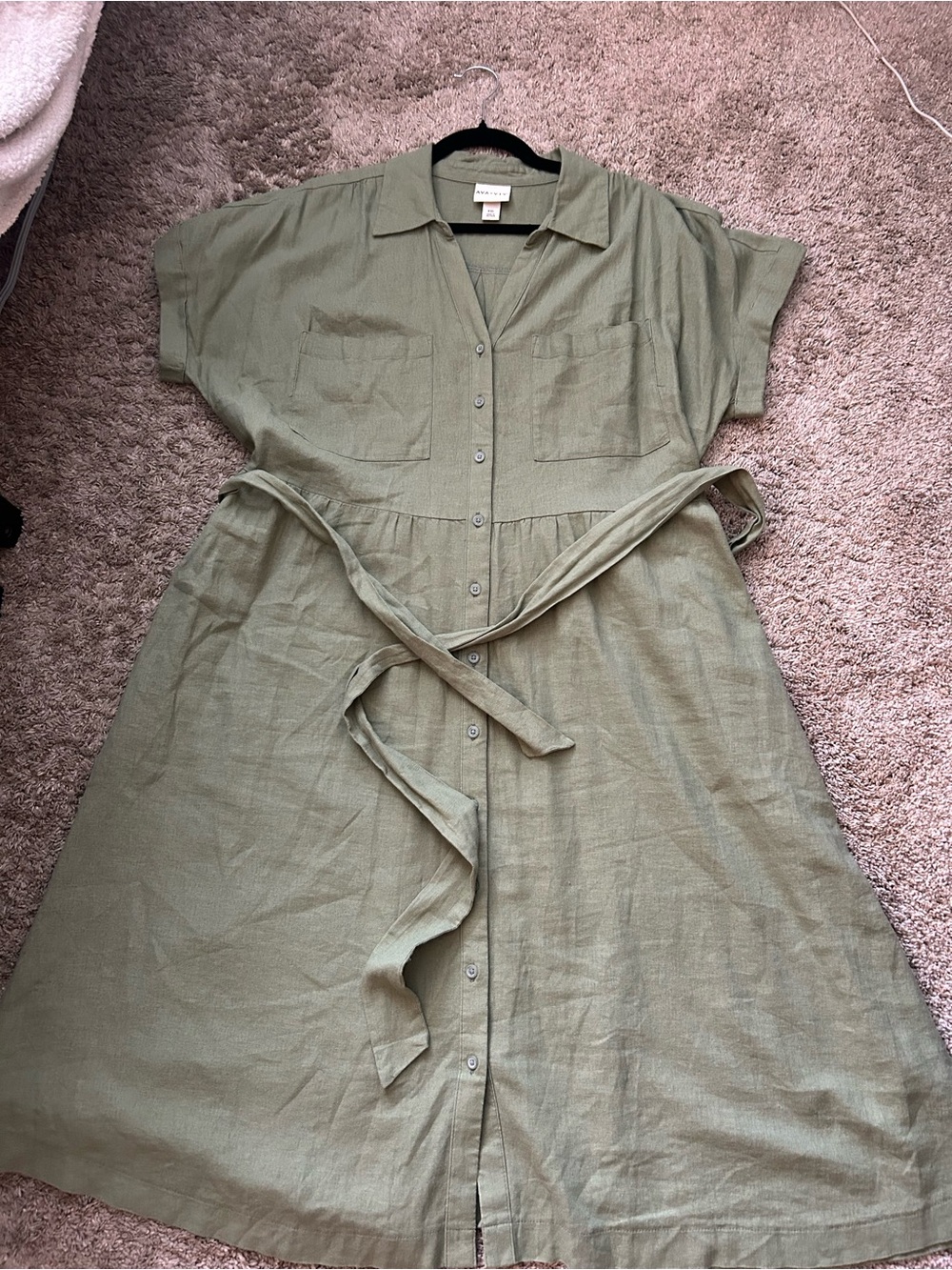 Ava & Viv Olive Green Button-Front Midi Dress with Tie Belt
